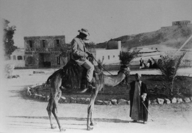 Arthur Conan Doyle on camel in Mena, Cairo, Egypt (spring 1896).