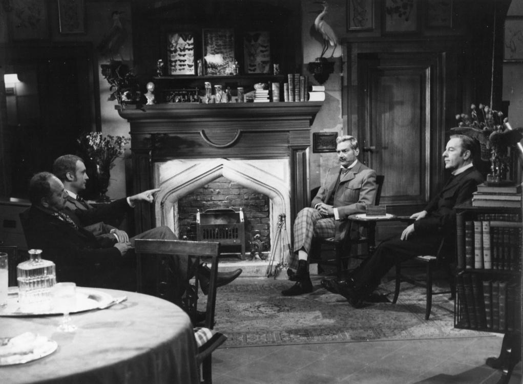 Dr. John Watson (Gianni Bonagura), Sherlock Holmes (Nando Gazzolo), Major Frankland (Franco Volpi) and Jack Stapleton (Franco Scandurra) in L'Ultimo dei Baskerville