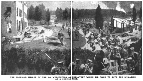 The glorious charge of the 2nd Worcesters at Gheluvelt which did much to save the situation at a crucial time.