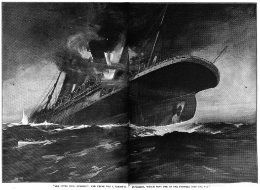 "She dived bows foremost, and there was a terrific explosion, which sent one of the funnels into the air."