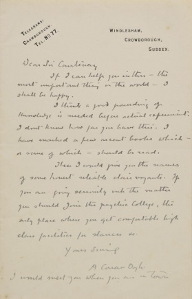 Letter to Sir Courtenay about his involvement in spiritualism (ca. 1920)
