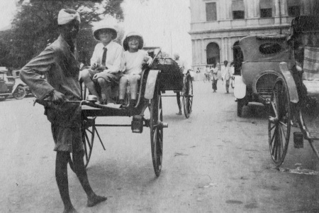 Adrian on rickshaw in Colombo, Sri Lanka (1920).
