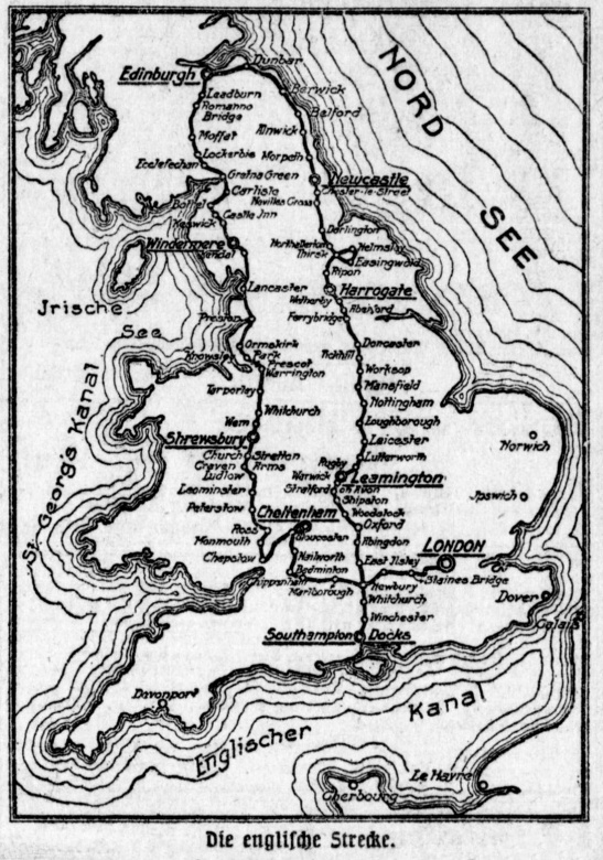 Detailed route in Great Britain (Berliner Tageblatt, 3 july 1911, p. 13)