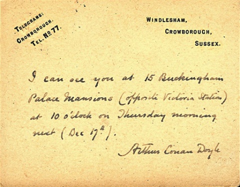 Notecard about a rendezvous at 15 Buckingham Palace Mansions (ca. 17 december 1925)