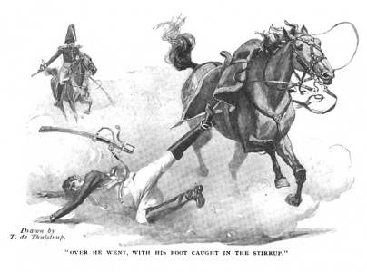 "Over he went, with his foot caught in the stirrup."
