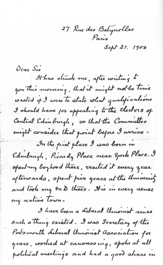 Letter about his wish to enter the parliament (21 september 1900)