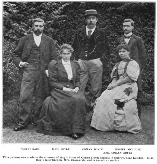 Robert Barr, Miss Doyle, Conan Doyle, Mrs. Doyle, Robert McClure. A group in Dr. Doyle's garden.