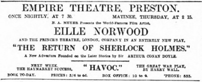Ad for The Return of Sherlock Holmes (The Lancashire Daily Post, 10 october 1924, p. 1)