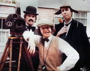 Peter Wear (right) as Sherlock Holmes during street theatre with Steve Steen (1981).