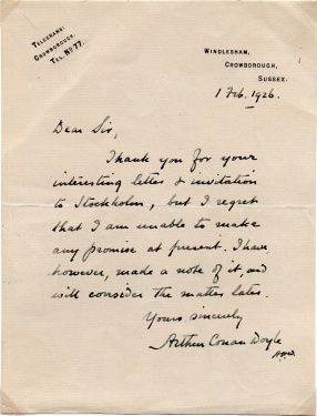 Letter to Mr Carleson about invitation to Stockholm (1 february 1926)