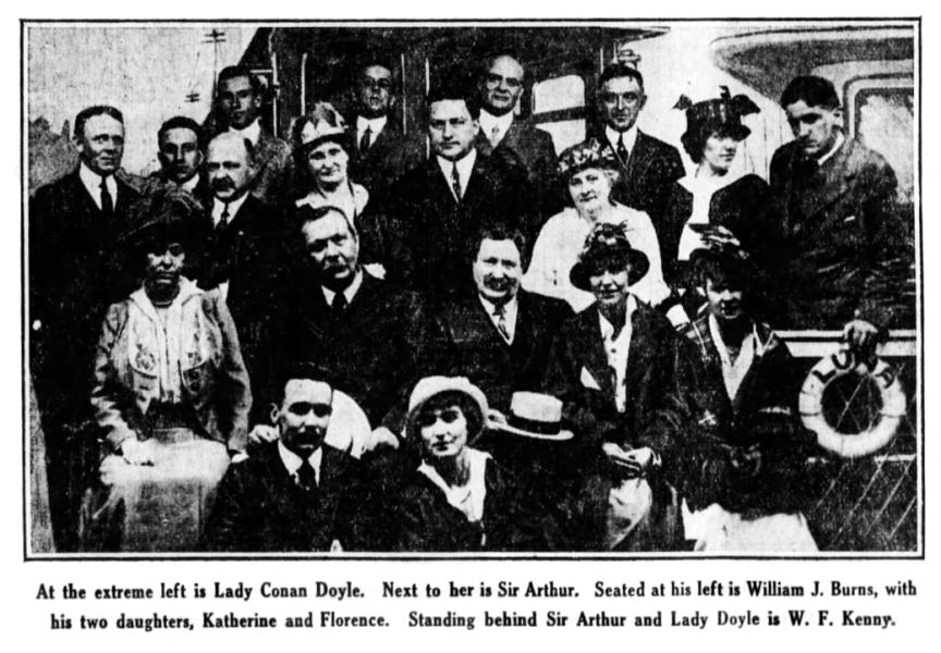 Conan Doyle in Coney Island (NY). At the extreme left is Lady Conan Doyle. Next to her is Sir Arthur. Seated at his left is William J. Burns, with his two daughters, Katherine and Florence. Standing behind Sir Arthur and Lady Doyle is W. F. Kenny.