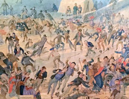 Crowd with a curling game in the centre. Held by National Museum of Scotland.