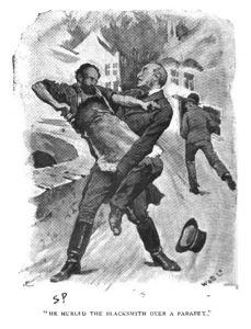 He hurled the blacksmith over a parapet.