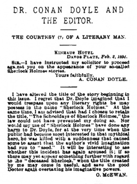Letter from Arthur Conan Doyle and reply by Oliver McEwan (The Young Phonographer, march 1894, p. 4).