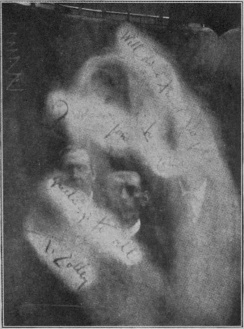 Impression received upon a marked plate which never went out of the author's hands, save when it was in the carrier. There is a partial materialization behind. In front is an inscription signed "T. Colley".