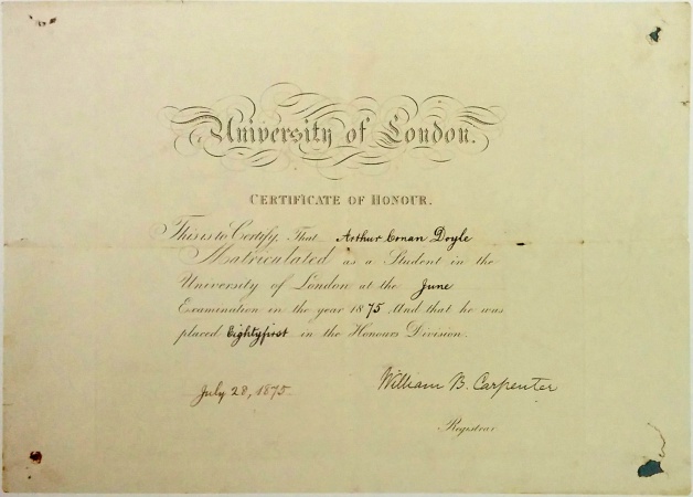 Certificate of Honour from the University of London for Arthur Conan Doyle's Matriculation Examination (28 july 1875)