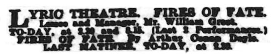 Ad for the final performances in London Daily News (9 october 1909, p. 1)