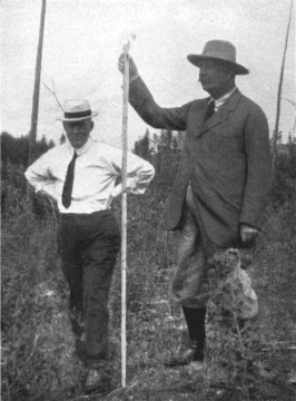 Arthur Conan Doyle with engineer's rod in hand laying out the golf course in Jasper Park.
