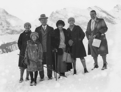 Arthur Conan Doyle with family in Switzerland (probably at Grinwald). From left to right: Denis, Lena Jean, Arthur, Jean, Adrian and another man (december 1924).
