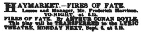 Ad for the transfer of the play from Haymarket Theatre to Lyric Theatre in London Daily News (31 august 1909, p. 1)