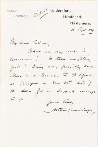 Letter to Mr Robson about a dinner to Balfour (16 september 1904)