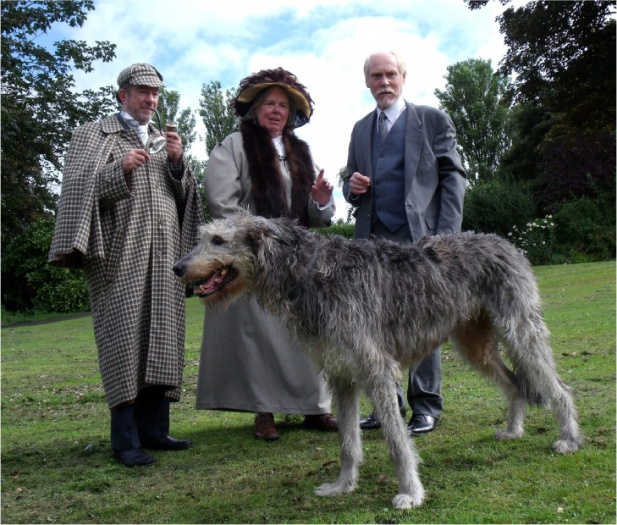 Sherlock Holmes (Tony Stamp), Lady Agatha Mortimer (Jennie Maxwell), Dr. Watson (Frank Martino) and the Hound (not on stage)